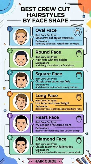 Infographic matching crew cut hairstyles for men with oval, round, square, long, heart, and diamond face shapes.