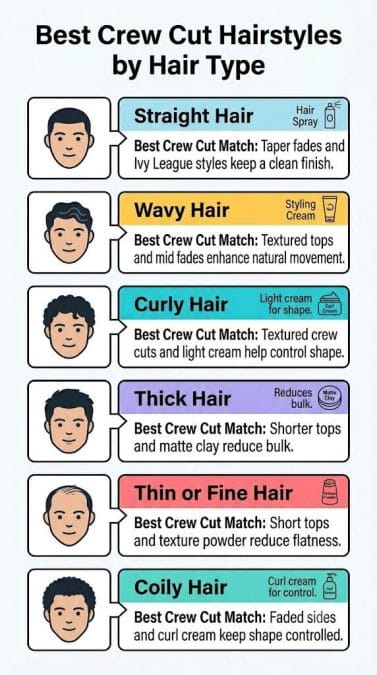 Infographic showing the best crew cut hairstyles for men by straight, wavy, curly, thick, thin, and coily hair types.
