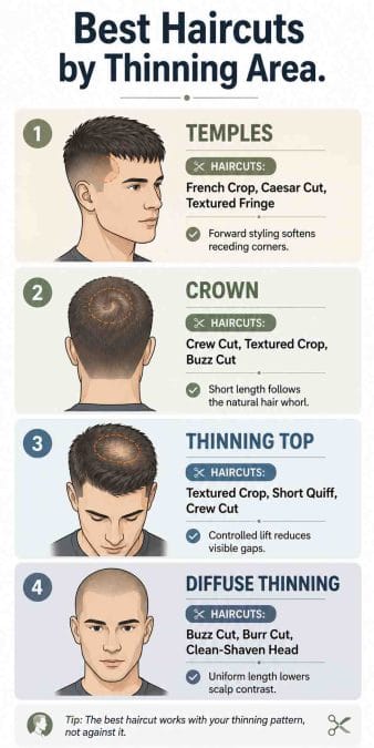 Infographic matching temple, crown, top, and diffuse thinning with suitable men’s haircuts.