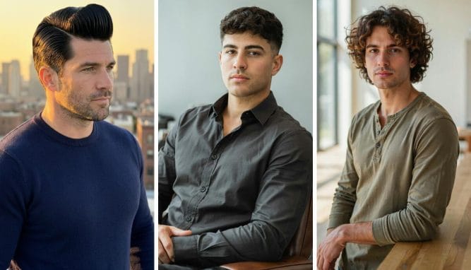 Three men with thick hair wearing a polished pompadour, textured crop, and medium curly layered hairstyle.