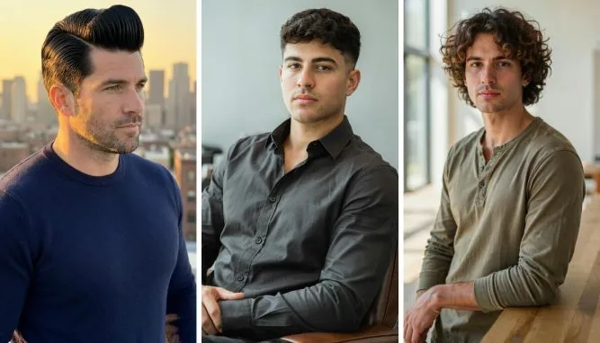 Three men with thick hair wearing a polished pompadour, textured crop, and medium curly layered hairstyle.