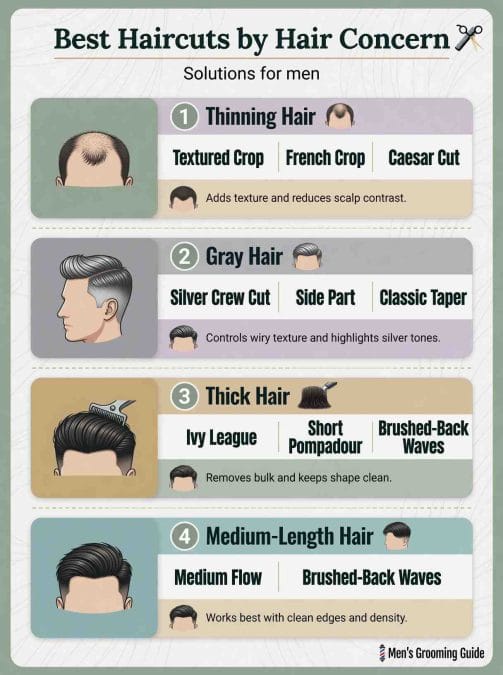 Best haircuts by hair concern for men over 40.