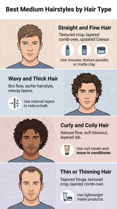 Infographic showing recommended medium hairstyles for straight, wavy, curly, and thinning hair types.