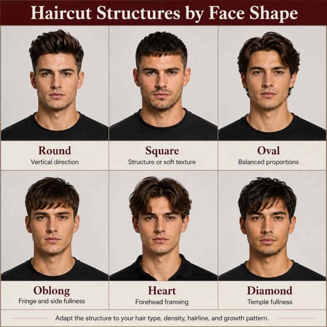 Six face shapes paired with ideal haircuts by face shape.