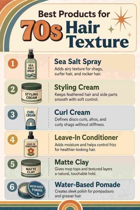 Illustrated product guide featuring six styling products for creating different 70s hair textures.