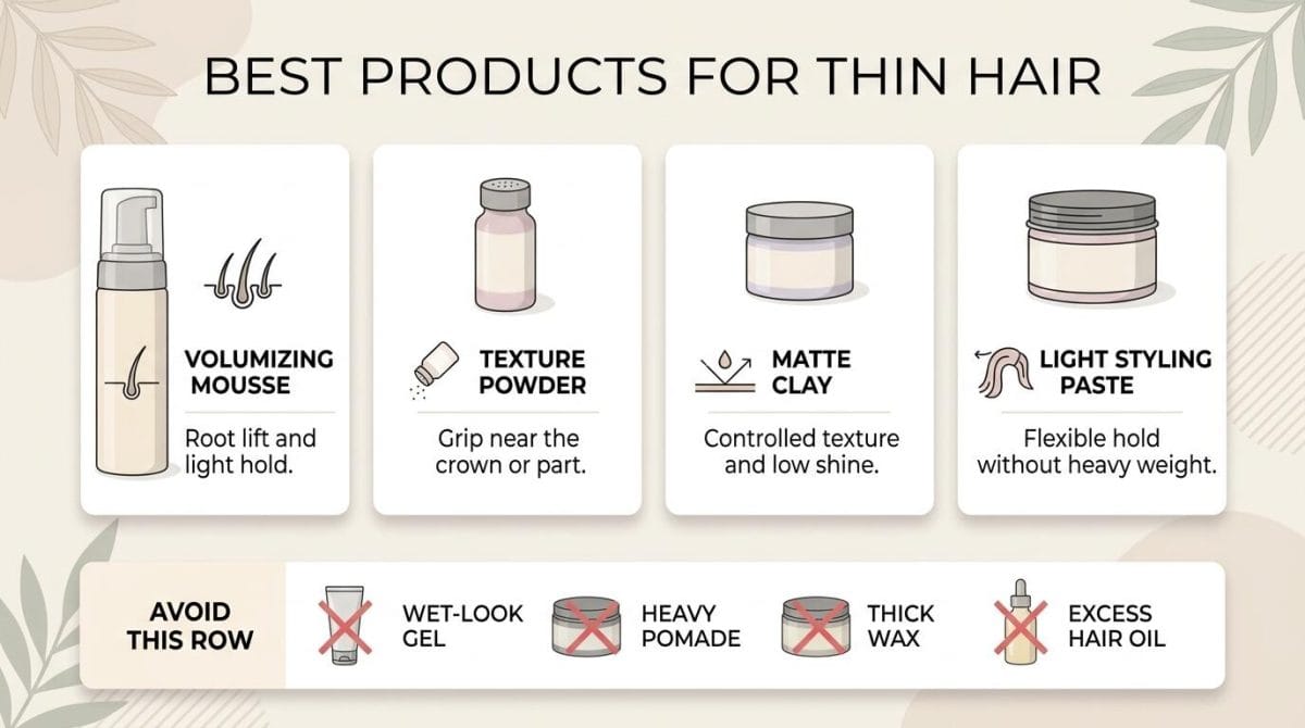 Product comparison graphic featuring volumizing mousse, texture powder, matte clay, and light styling paste for thin hair.