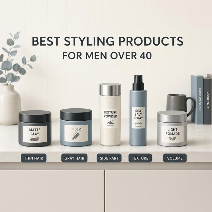 Styling products for men over 40 including matte clay, fiber, powder, spray, and pomade.