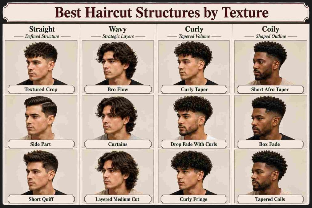 Comparison of suitable haircut structures for thick straight, wavy, curly, and coily hair.