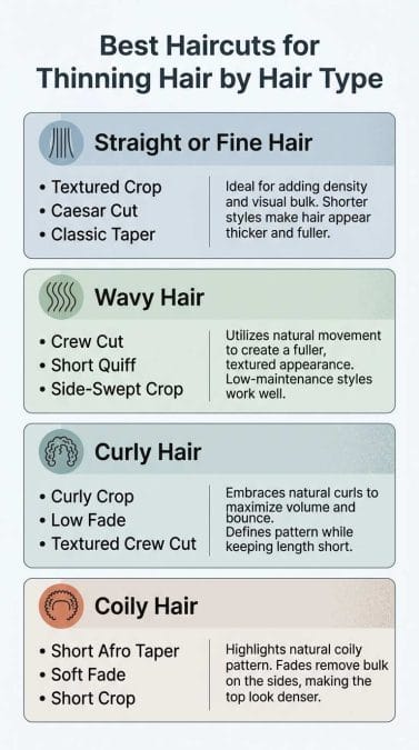 Infographic matching straight, wavy, curly, and coily hair with suitable thinning-hair cuts.
