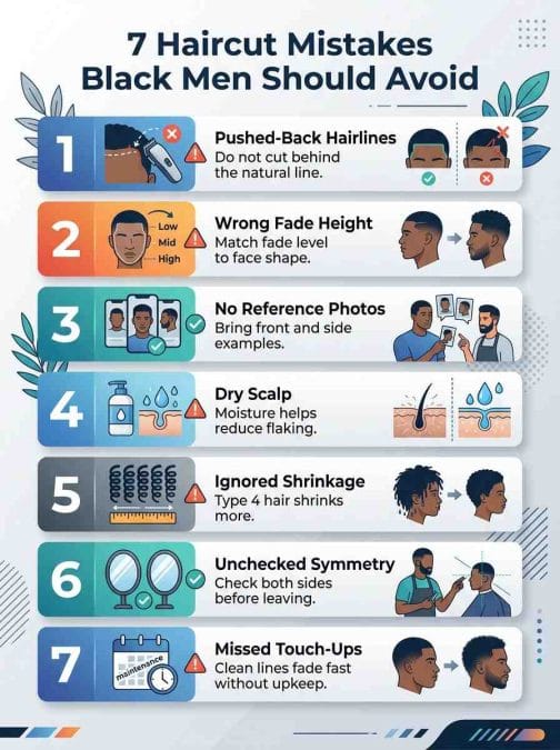 Infographic showing Seven Common Haircut Mistakes Black Men Should Avoid
