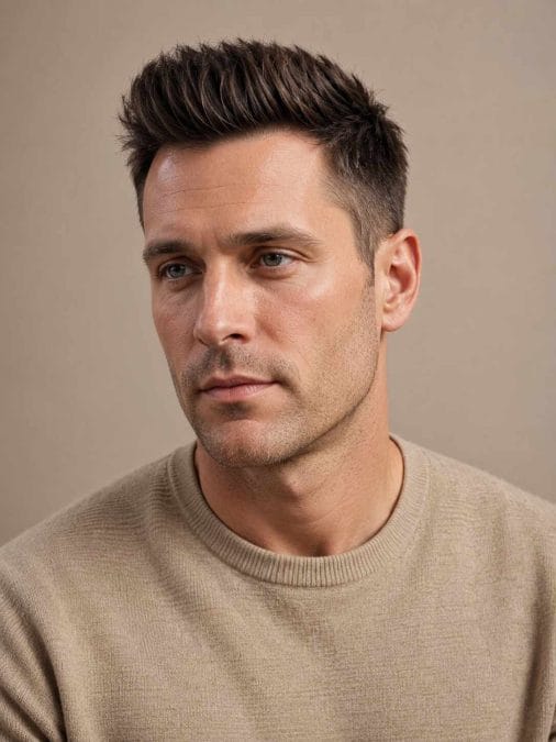 Man with fine hair styled upward across the full top with tapered sides.