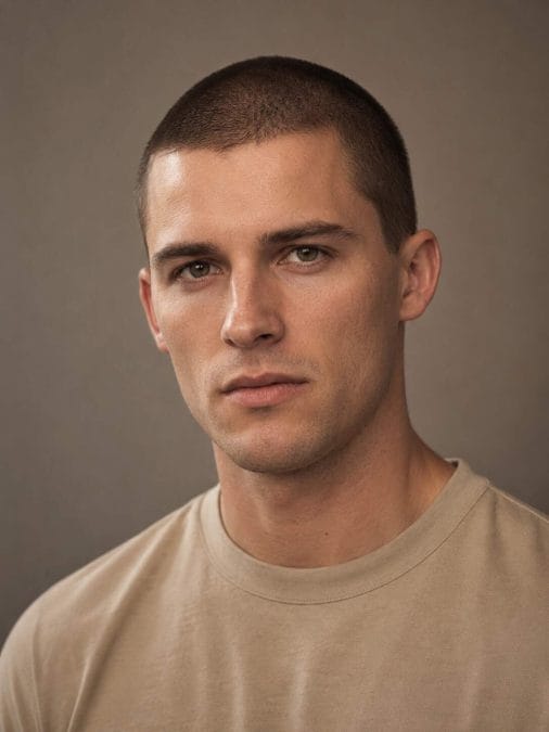Man with fine hair wearing a burr cut slightly longer than a close buzz cut.