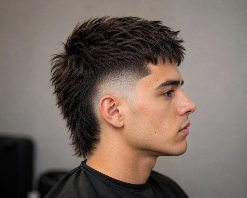 Burst fade for straight hair with a rounded fade around the ears and a textured top.