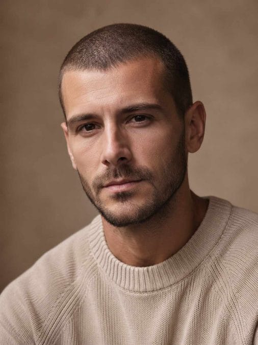 Man with fine hair wearing an even short buzz cut with natural scalp visibility.