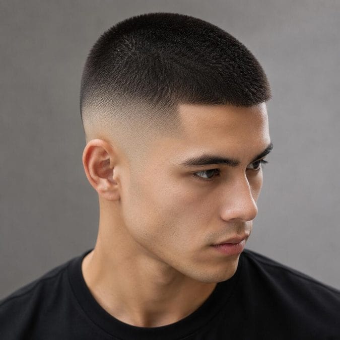 Buzz cut with a skin fade that creates a sharp, low-maintenance look for straight hair.