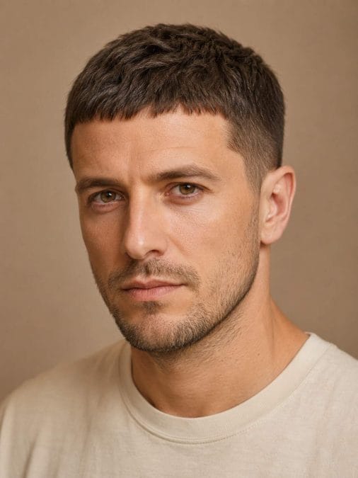Man with fine hair wearing a compact Caesar cut with a short blunt fringe.