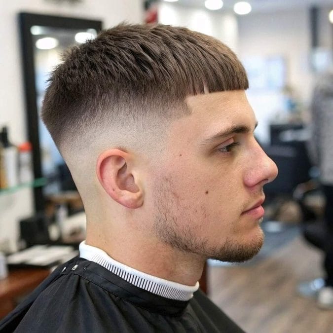 Caesar haircut with a blunt fringe and faded sides designed for straight hair.