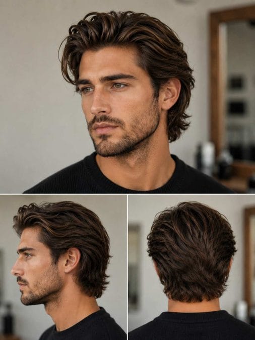 Man with a medium-length casual brush-back hairstyle featuring natural volume and soft texture.