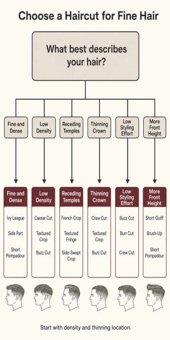 Decision tree matching fine-hair density, thinning areas, and styling preferences with suitable haircuts.