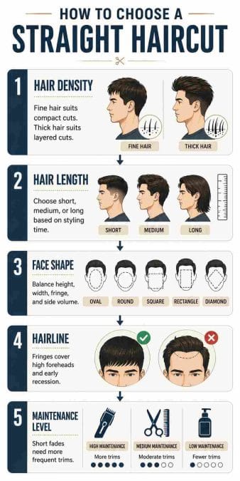 Infographic explaining how to choose a straight haircut based on density, length, face shape, hairline, and maintenance.