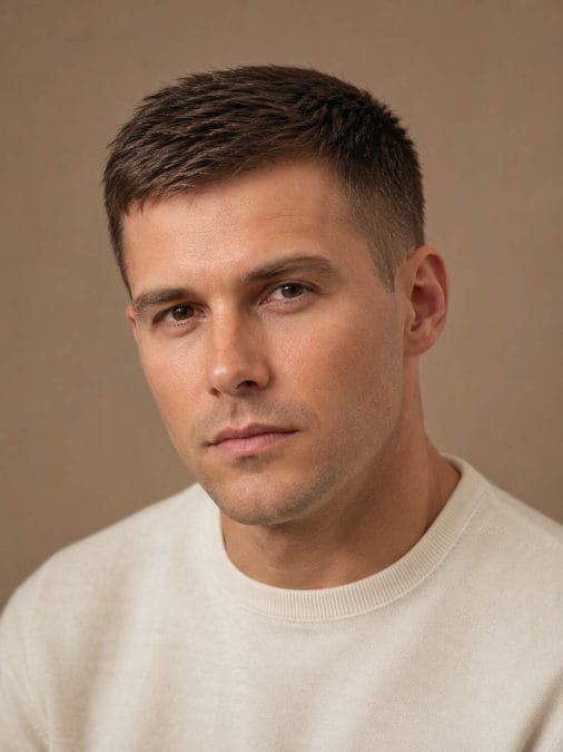 Man with fine hair wearing a crew cut that shortens toward the crown.