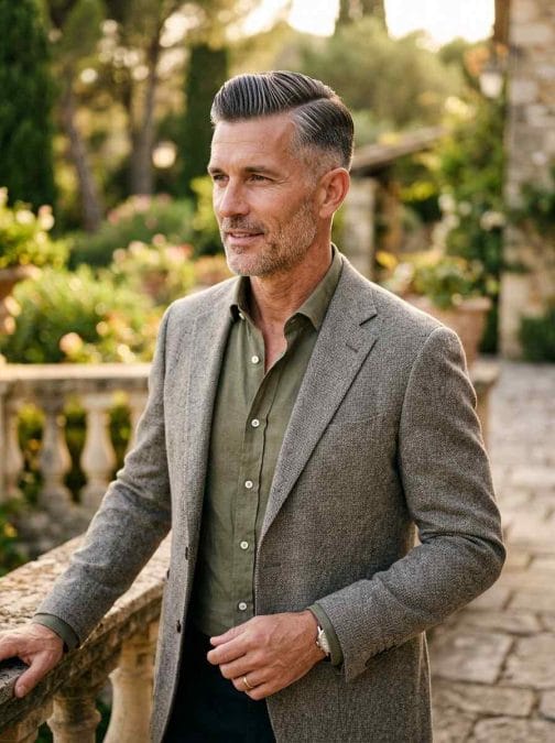 Mature man with a classic side part haircut and salt-and-pepper hair by the ocean.