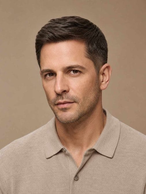 Man with fine hair wearing a classic taper with gradual side and neckline blending.