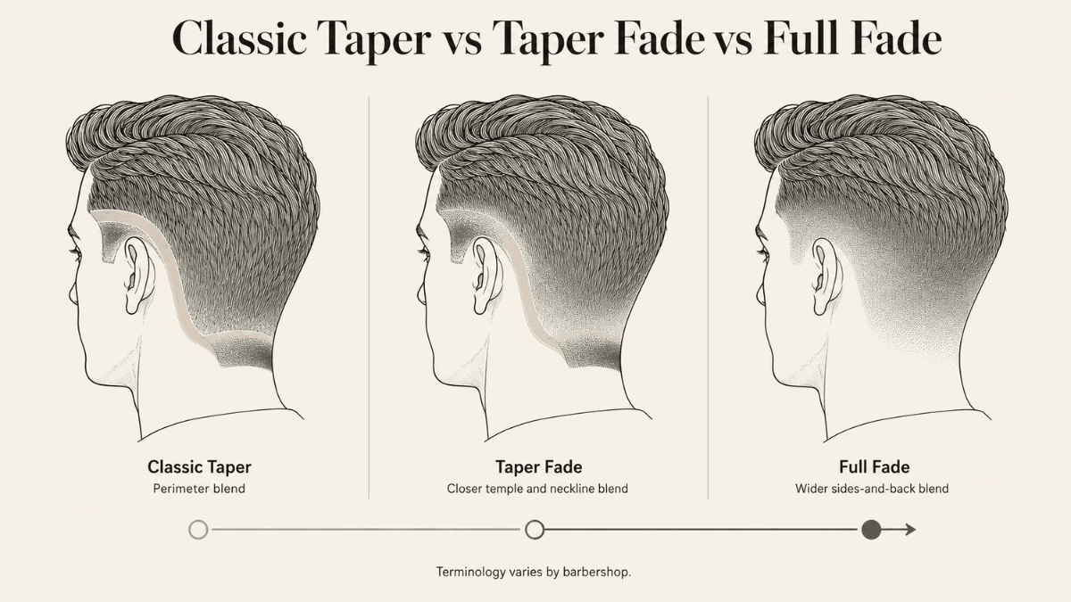 Three head diagrams comparing the blend coverage of a classic taper, taper fade, and full fade.