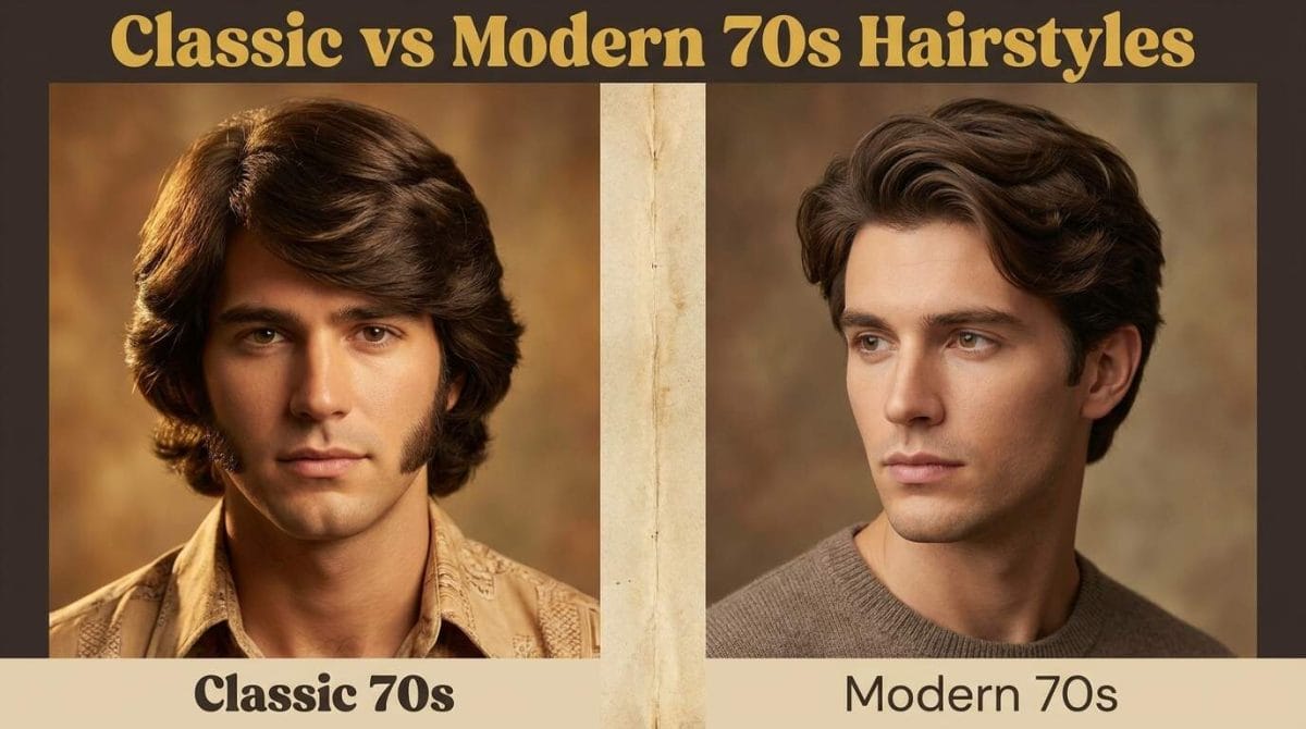 Side-by-side comparison of a classic voluminous 70s haircut and a modern textured version.
