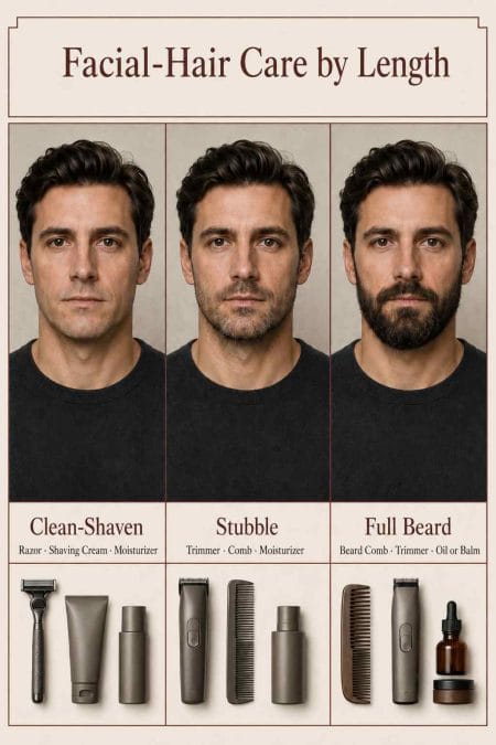 Clean-shaven, stubble, and full-beard routines compared by tools and care needs.