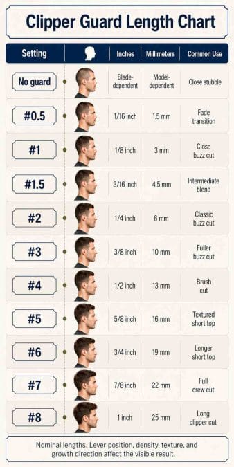 Hair clipper guard sizes chart comparing no guard through #8 from blade-dependent stubble to 1 inch.