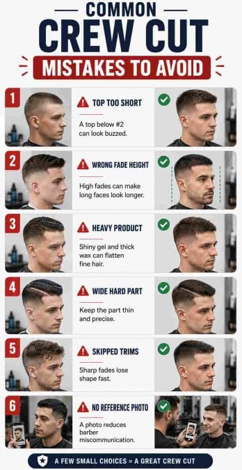 Infographic showing common crew cut mistakes to avoid for a cleaner haircut.