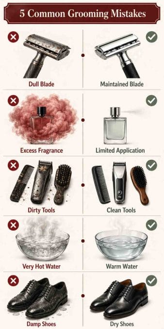 Five grooming mistakes compared with cleaner, gentler, or better-maintained practices.