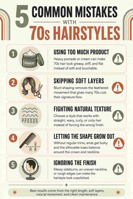 Illustrated guide showing five common mistakes that can make a 70s hairstyle look heavy or unpolished.