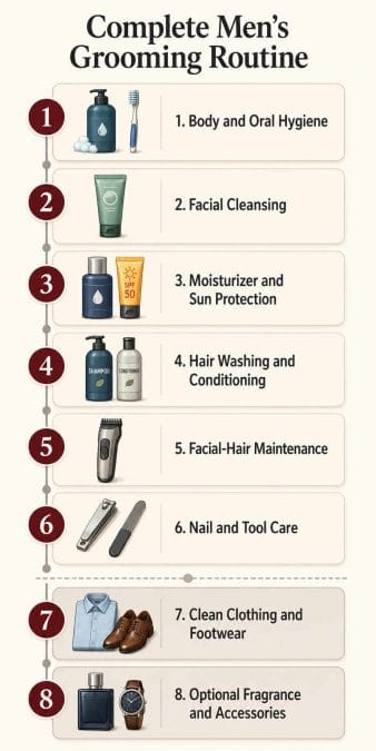Eight-step grooming routine progressing from hygiene and skincare to clothing and optional accessories.