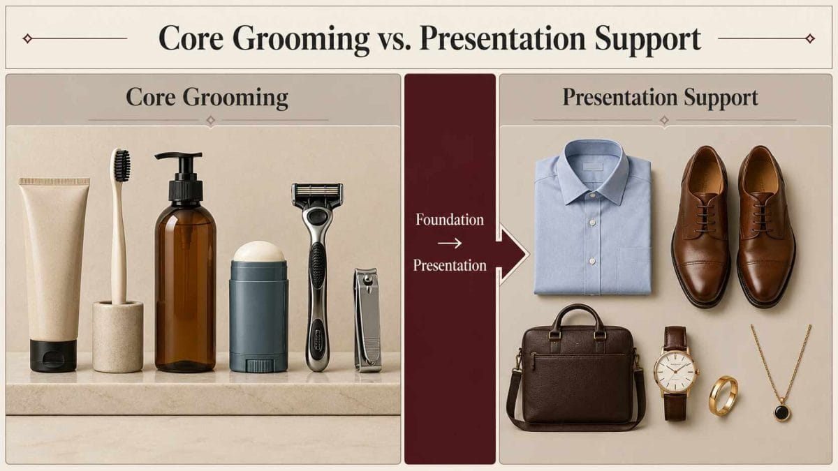 Core grooming products compared with optional clothing, footwear, and accessories.