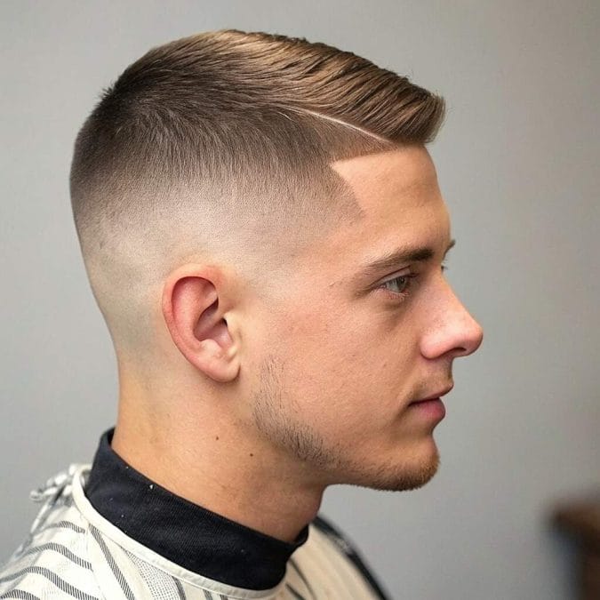 Crew cut with a short textured top and faded sides for men with straight hair.