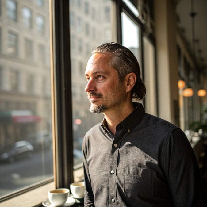 Man with a short crew cut that helps soften the look of a receding hairline.