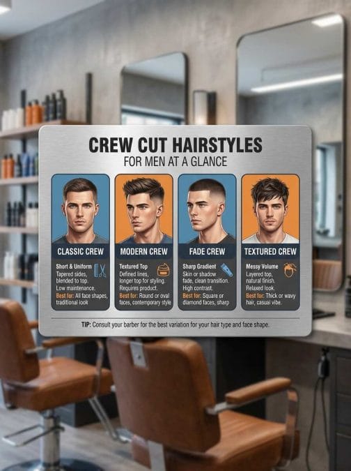 Infographic comparing classic, modern, fade, and textured crew cut hairstyles for men.