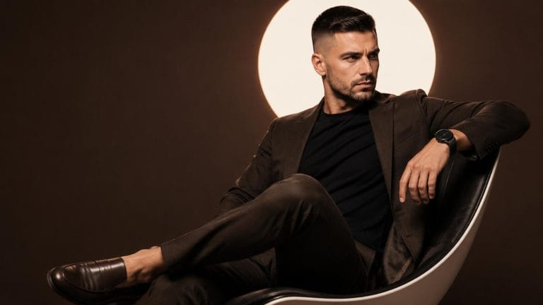 Stylish man with a sharp crew cut, tailored suit, and clean masculine grooming style.
