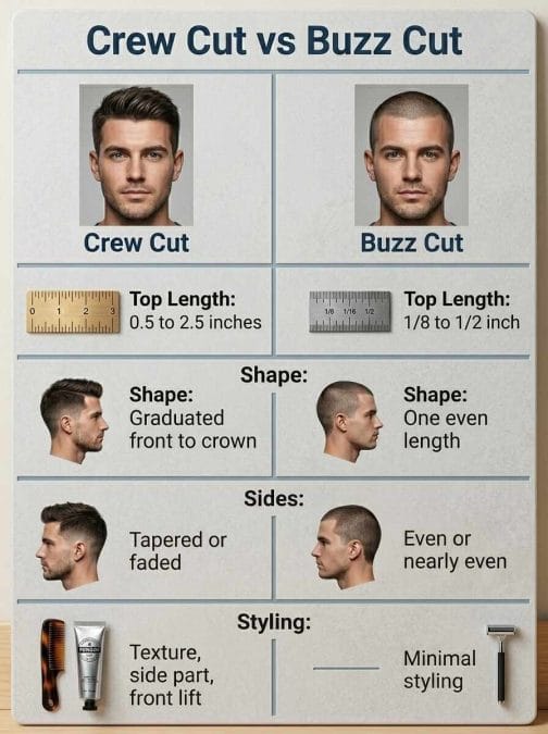 Infographic comparing a crew cut and buzz cut by length, shape, sides, and styling.