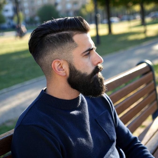 Man with a clean crew cut paired with a full beard for a strong masculine look.