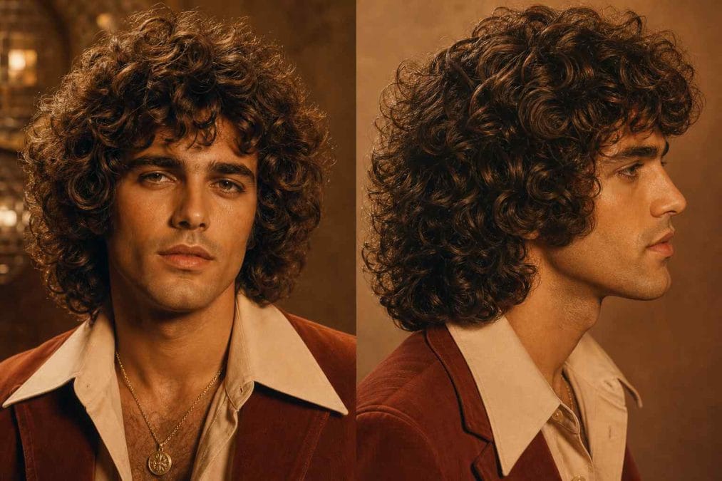 Man with a full curly 70s hairstyle shown from the front and side.