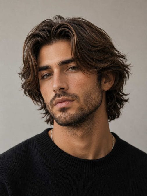 Medium-length curtain hairstyle for men with a center part, soft layers, and natural volume around the face.