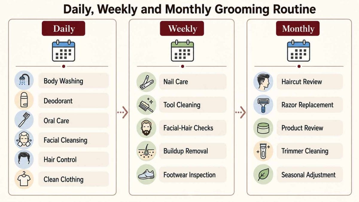 Men’s grooming tasks organized into daily, weekly, and monthly maintenance schedules.