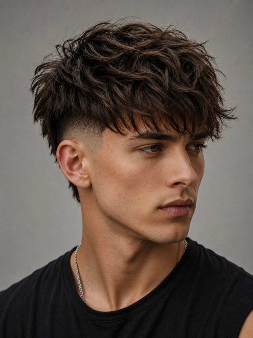 Man with a medium-length disconnected undercut featuring textured layers and faded sides.