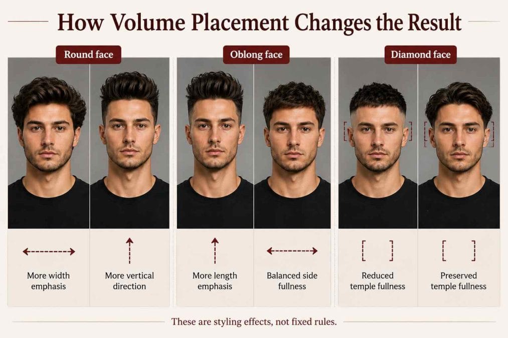Round, oblong, and diamond faces compared with haircut volume placed in less balanced and more balanced positions