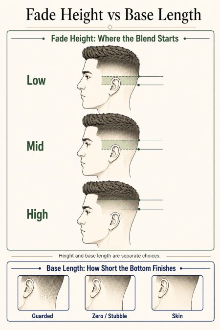 Diagram separating low, mid, and high fade placement from guarded, zero, and skin base lengths.