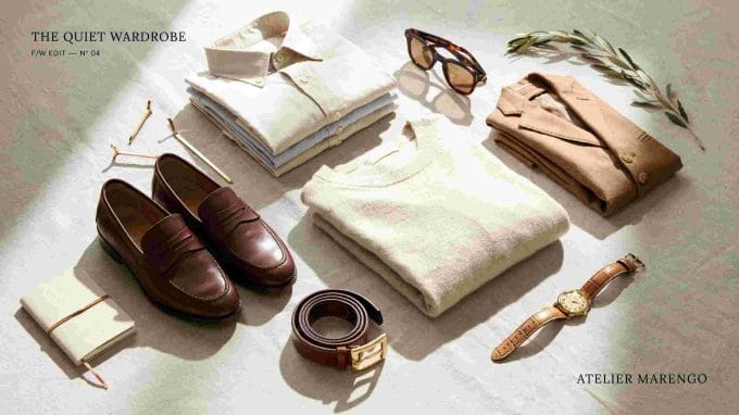 Men’s fashion mood board with tailored clothing, loafers, watch, sunglasses, and neutral menswear pieces.