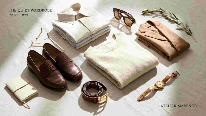 Men’s fashion mood board with tailored clothing, loafers, watch, sunglasses, and neutral menswear pieces.
